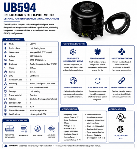 UB594, 6W, 1550 RPM, 115 V, 1 Ph, 60 Hz, Totally Enclosed Air‑Over, Unit Bearing