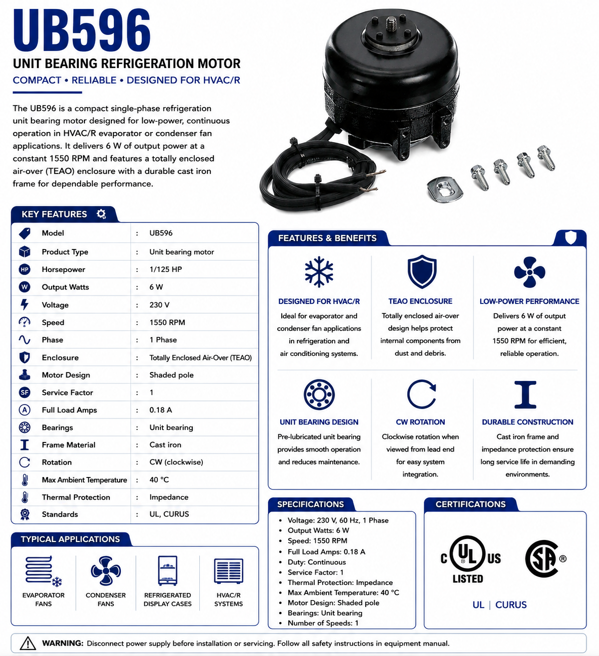 UB596, 6 W, 1550 RPM, 230 V, 1 Ph, TEAO, Unit Bearing