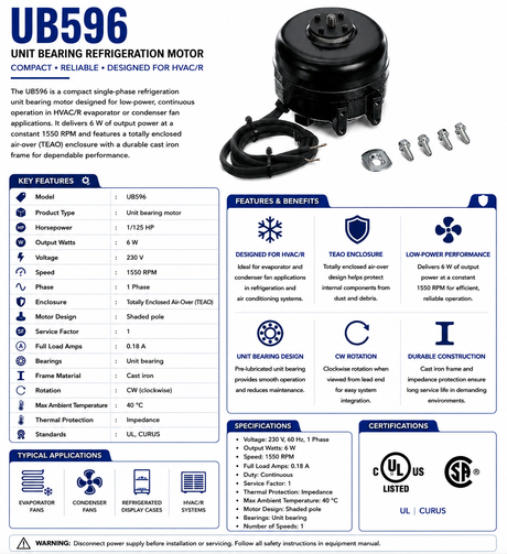 UB596, 6 W, 1550 RPM, 230 V, 1 Ph, TEAO, Unit Bearing