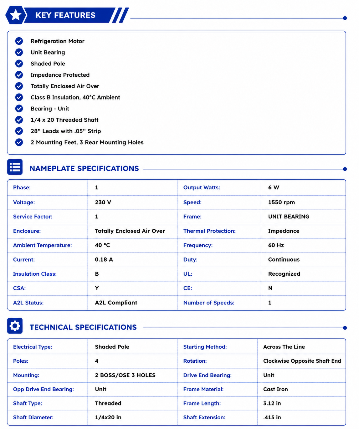 UB596, 6 W, 1550 RPM, 230 V, 1 Ph, TEAO, Unit Bearing