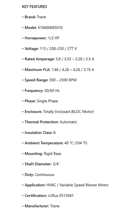 X10600685010, ECM Motor , 0.5Hp, 115/208-230/277V, 1Ph, 50/60Hz - HVAC ELECTRIC MOTOR - TRANE - electric motors - [product_tags]- motor electric - moteur électrique - moteurs - drive - replacement - venmar - hvac - méchoui - capacitor - condensateur - fan