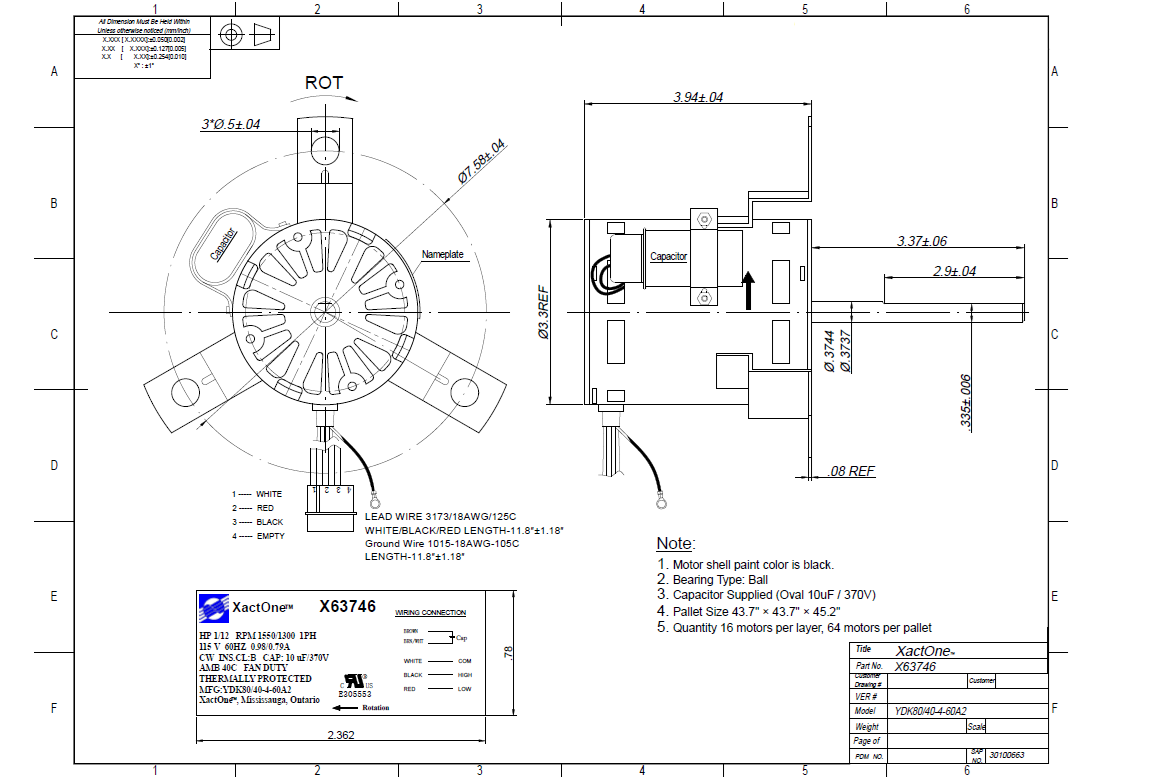 X63746, Xactone, 1/12Hp, 1500 Rpm, 115 Volts, 63746-0, D0746, OPV746,
