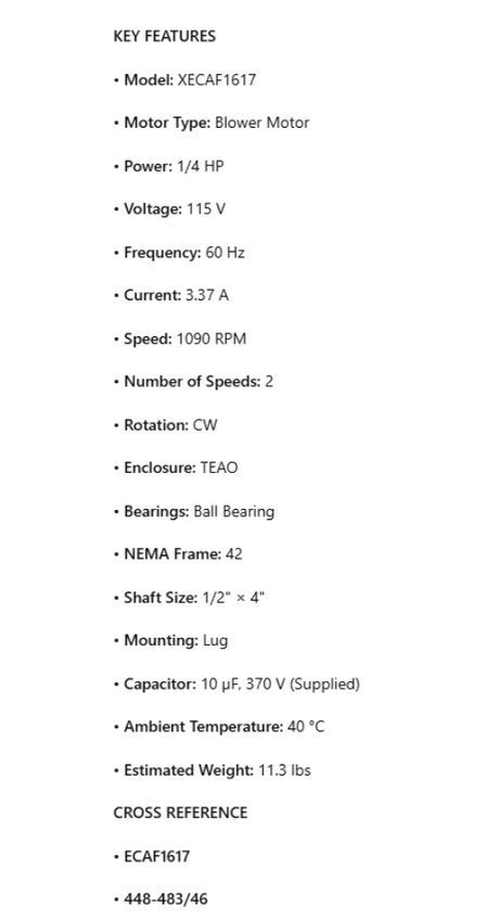 XECAF1617, Blower Motor, 1/4Hp, 1090 RPM, 115V, 1Ph, 60Hz, TEAO, Frame42, CW 