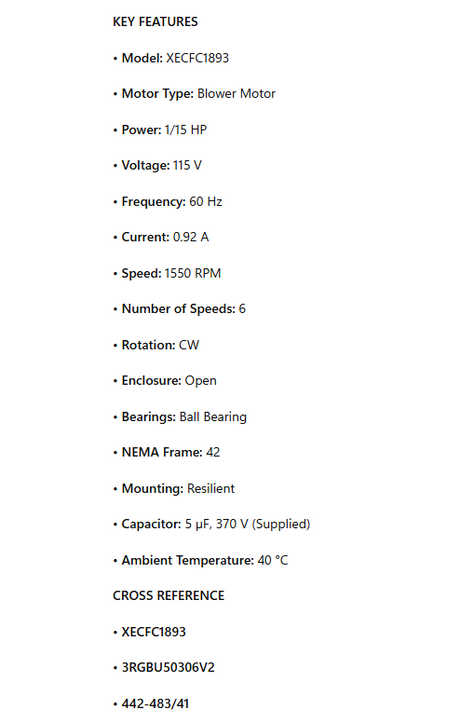 XECFC1893, Blower Motor, 1/15Hp, 1550 RPM, 115V, 1Ph, 60Hz, Frame 42, OPEN, CW
