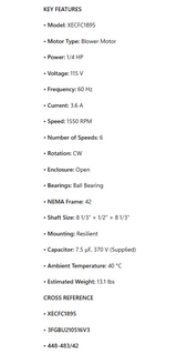 XECFC1895, Blower Motor, 1/4Hp, 1550 RPM, 115V, 1Ph, 60Hz, OPEN, CW