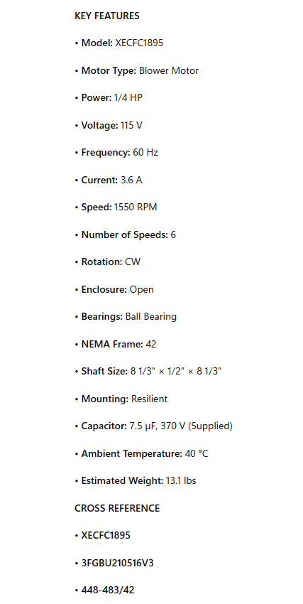 XECFC1895, Blower Motor, 1/4Hp, 1550 RPM, 115V, 1Ph, 60Hz, OPEN, CW