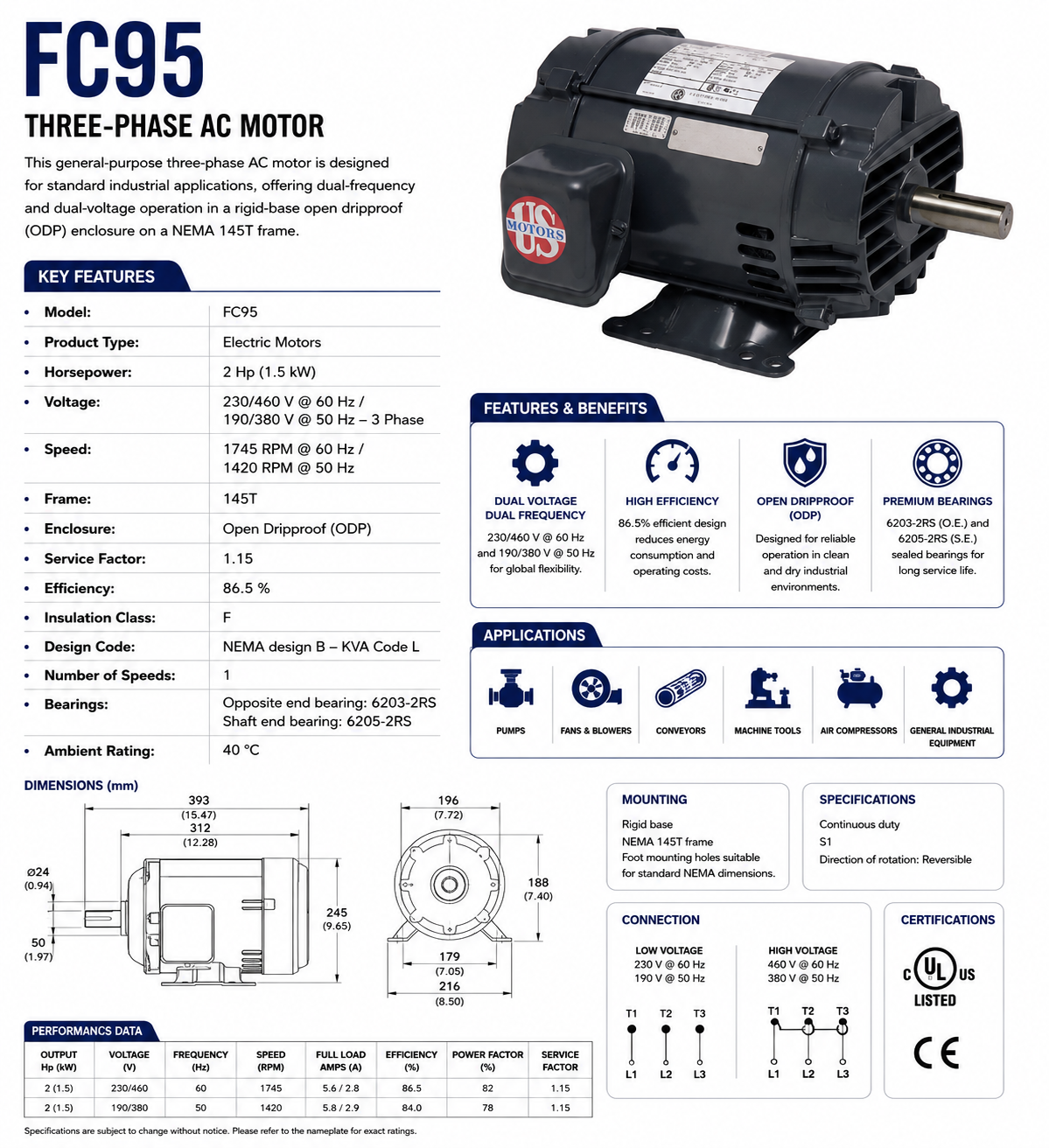 D2P2D, 2Hp, 1745/1420 RPM, 230/460 V @ 60 Hz / 190/380 V @ 50 Hz, 3 Ph, ODP, Frame 145T, FC95 - Electric Motors - U.S. Motors - electric motors - [product_tags]- motor electric - moteur électrique - moteurs - drive - replacement - venmar - hvac - méchoui - capacitor - condensateur - fan