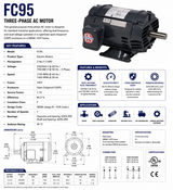 D2P2D, 2Hp, 1745/1420 RPM, 230/460 V @ 60 Hz / 190/380 V @ 50 Hz, 3 Ph, ODP, Frame 145T, FC95 - Electric Motors - U.S. Motors - electric motors - [product_tags]- motor electric - moteur électrique - moteurs - drive - replacement - venmar - hvac - méchoui - capacitor - condensateur - fan