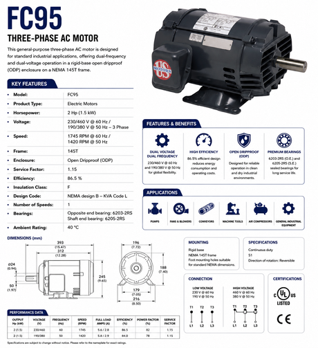 D2P2D, 2Hp, 1745/1420 RPM, 230/460 V @ 60 Hz / 190/380 V @ 50 Hz, 3 Ph, ODP, Frame 145T, FC95 - Electric Motors - U.S. Motors - electric motors - [product_tags]- motor electric - moteur électrique - moteurs - drive - replacement - venmar - hvac - méchoui - capacitor - condensateur - fan