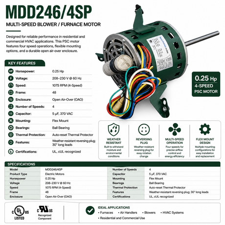 MDD246/4SP, 0.25Hp, 1075 RPM (4‑Speed), 208‑230 V, 1 Ph, 60 Hz, Open Air‑Over, Frame 48, Flex Mount, with 5 µF/370 VAC Capacitor