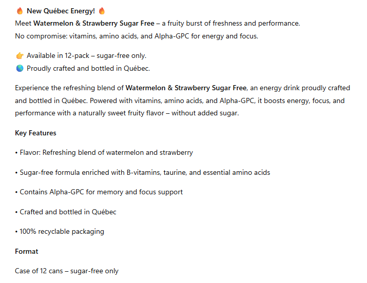 Platto Energy Drink, Watermelon & Strawberry, Melon d’eau & Fraise, 12X473ML, Sans Sucre,Sugar Free (Copy)