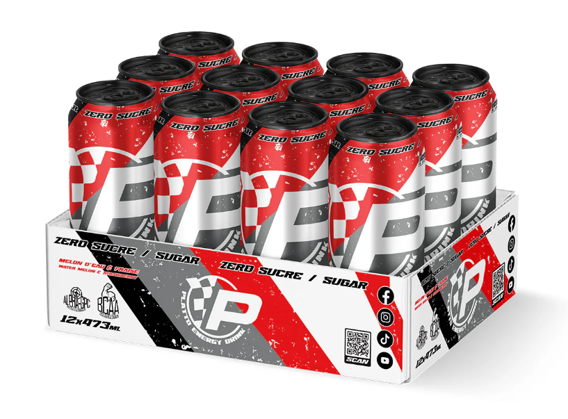 Platto Energy Drink, Watermelon & Strawberry, Melon d’eau & Fraise, 12X473ML, Sans Sucre,Sugar Free (Copy)