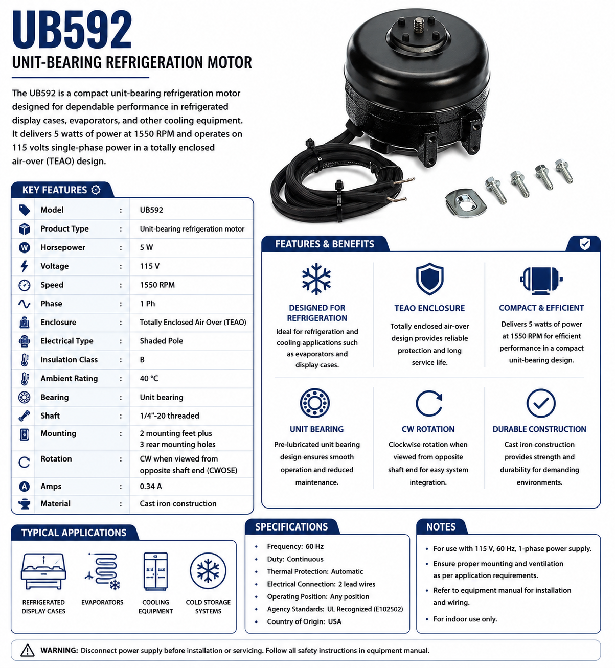 UB592, 5 W, 1550 RPM, 115 V, 1 Ph, TEAO, Unit Bearing