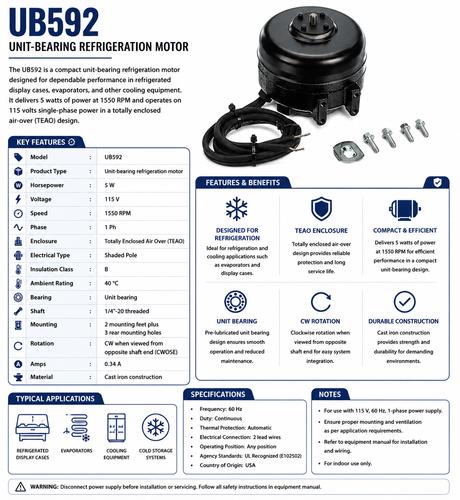 UB592, 5 W, 1550 RPM, 115 V, 1 Ph, TEAO, Unit Bearing