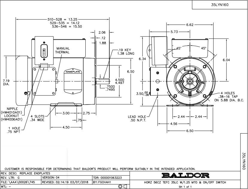 35N160Y345, Baldor, 5 Hp, 3450 Rpm, 1Ph, 60Hz, 56CZ, 3546LC, Tefc,