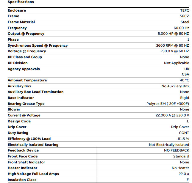 35N160Y345, Baldor, 5 Hp, 3450 Rpm, 1Ph, 60Hz, 56CZ, 3546LC, Tefc,
