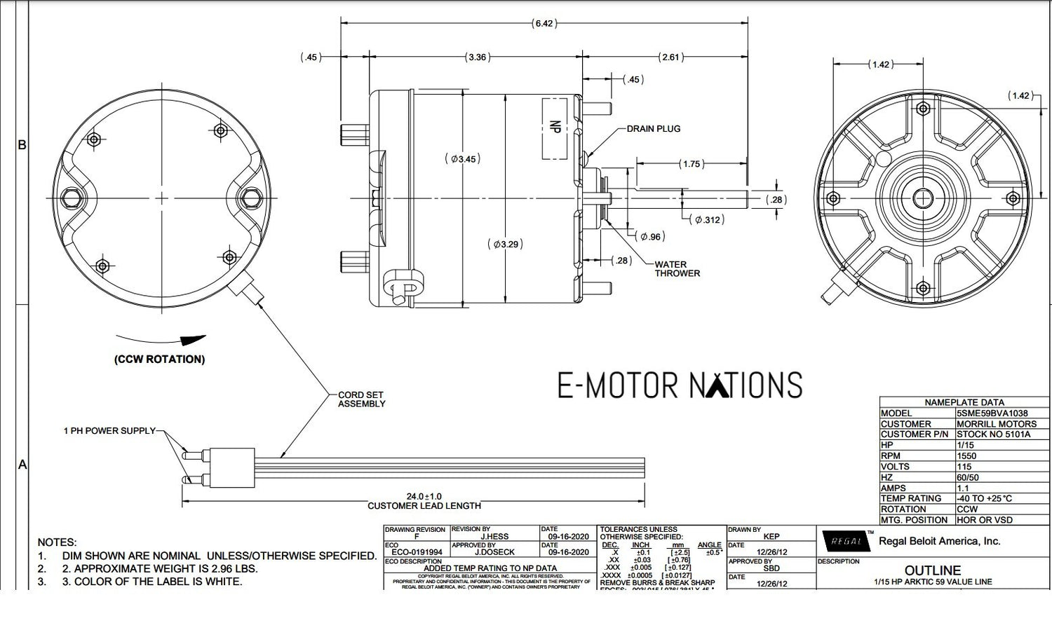 5101A, Morrill Motor, 5SME59BVA1038, 1/15 Hp,1550 Rpm, 115 Volts,TEAO,