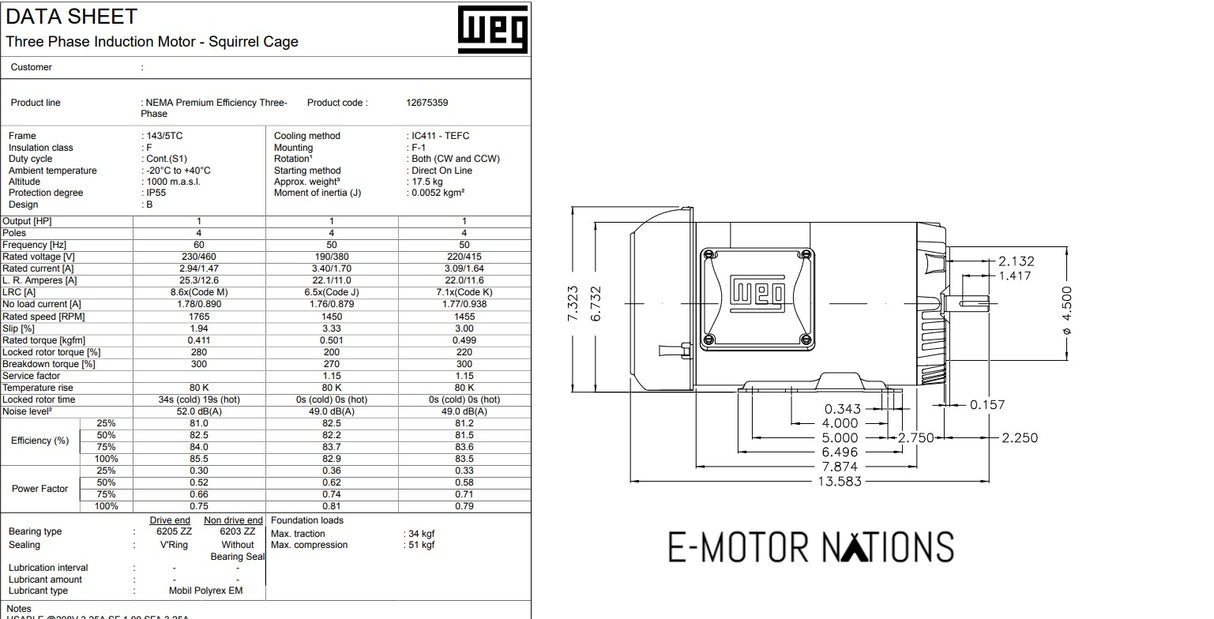 CT000404NPW01, Weg, 1 Hp, 208-230/460V, Fr: 143/5TC, TEfc, W01, 3Ph,