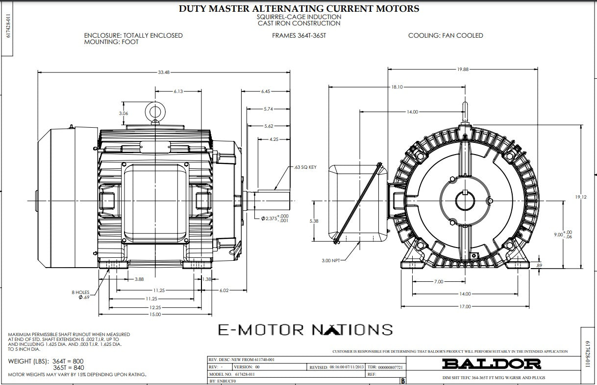 EM4316T-5, Baldor, 75 Hp, 1780 Rpm, 575V, Fr:365T, TEFC,Spec P36G3428,
