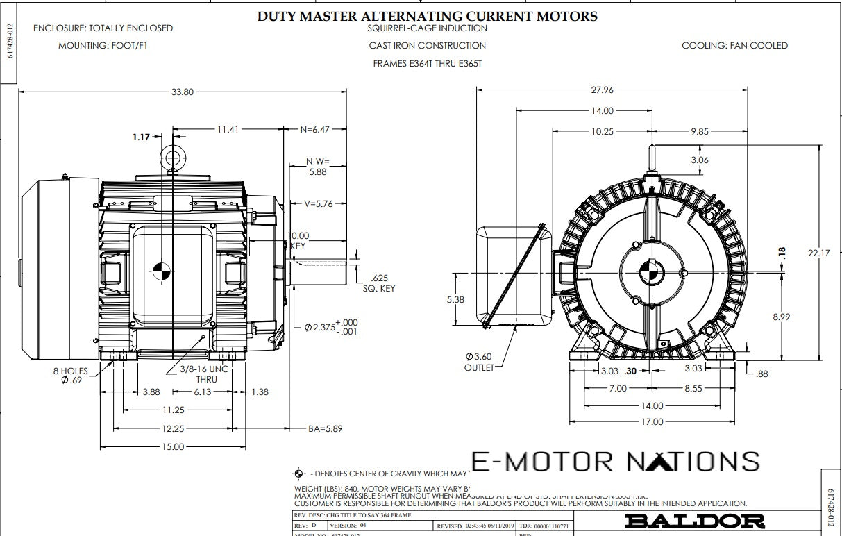 EM4316T, Baldor,75 Hp,1780 Rpm, 230/460V,Fr: 365T,TEFC, A36-0001-4148,