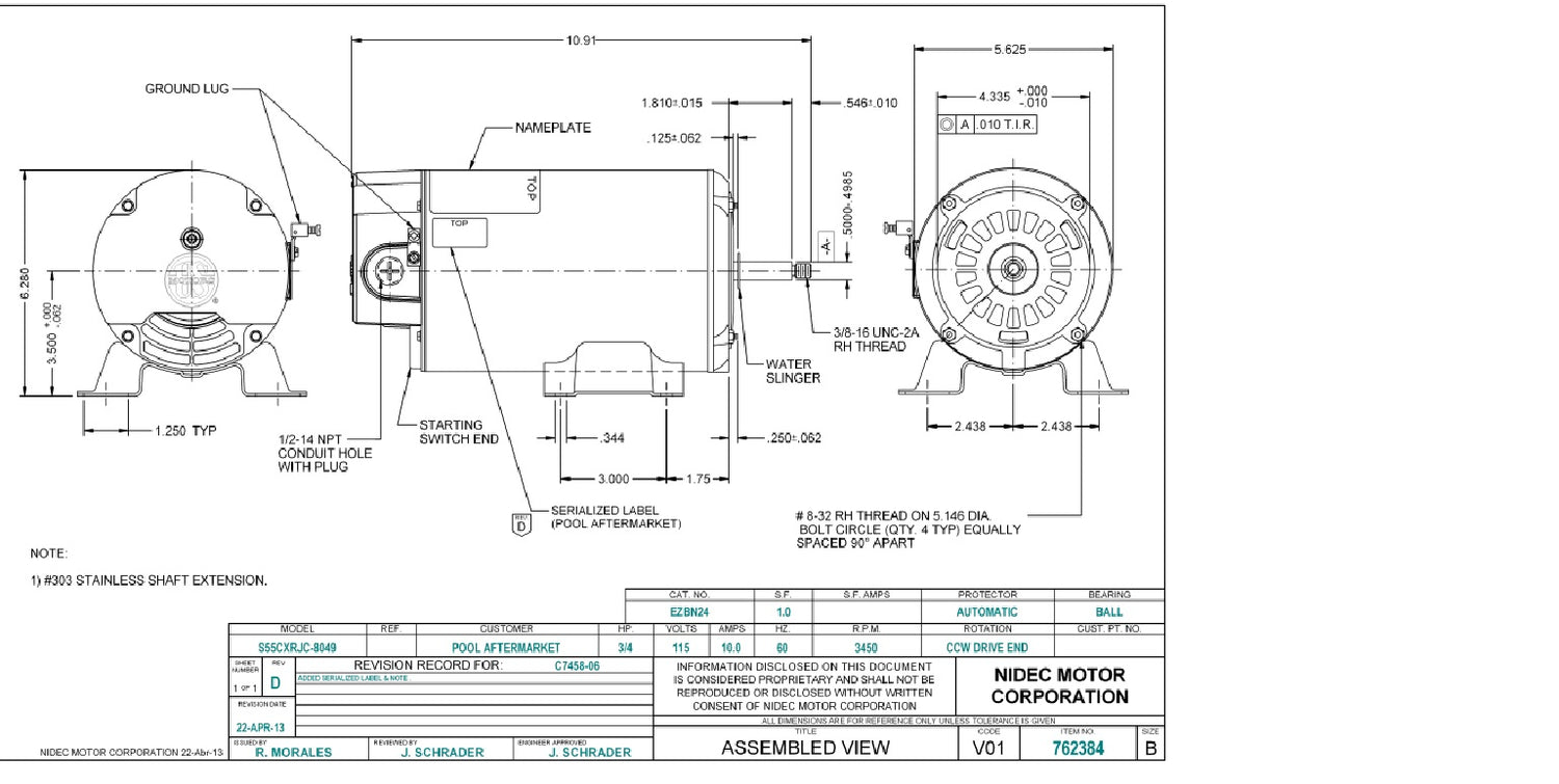 EZBN24,Nidec,3/4 Hp,3600 Rpm,115V,S055RJC8049013J,Fr:48Y,Odp,Pool,Spa, - Pool & Spa - US MOTORS - electric motors - [product_tags]- motor electric - moteur électrique - moteurs - drive - replacement - venmar - hvac - méchoui - capacitor - condensateur - fan