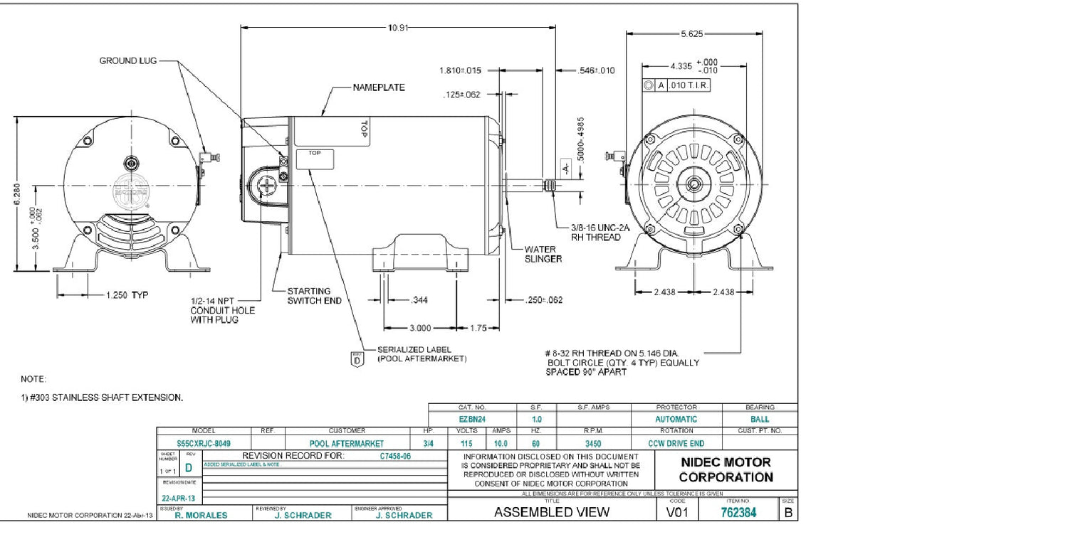 EZBN37, Nidec,1 Hp,1800/3600 Rpm,115V,R055FEC0342013J,Fr:48Y,Pool,Spa,