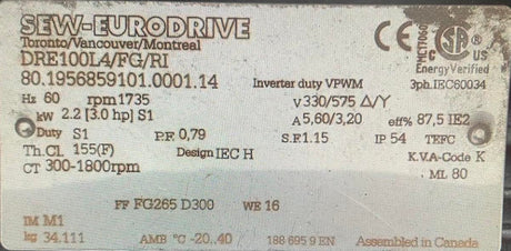 Sew Eurodrive, DRE100L4/FG/RI, 2.2Kw,300-1735 Rpm,575V,DRN100LM4/FG/R,